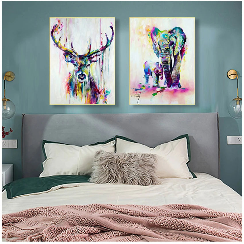 Kids Room Watercolor Animal Canvas Art – Elephant & Deer Print