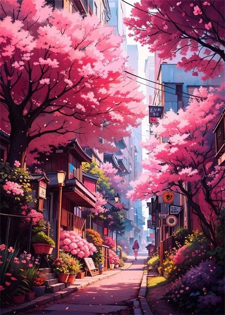 Japanese Sakura Street Canvas Wall Art | Unframed Poster Print