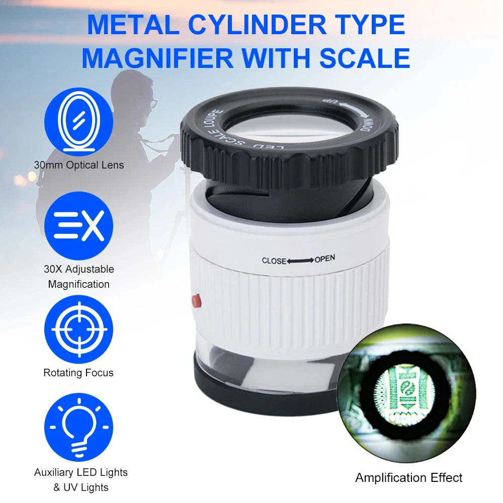 LED Scale Loupe 30X Adjustable Magnification Magnifier Metal Cylinder Mirror with Scale Small Reading Mirror Jewelry Magnifier Peaceful Pleasures Health and Wellness
