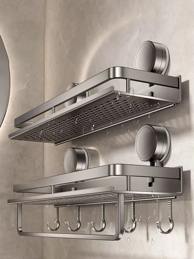 No-Drill Aluminum Bathroom Shelf | Suction Cup Wall Organizer