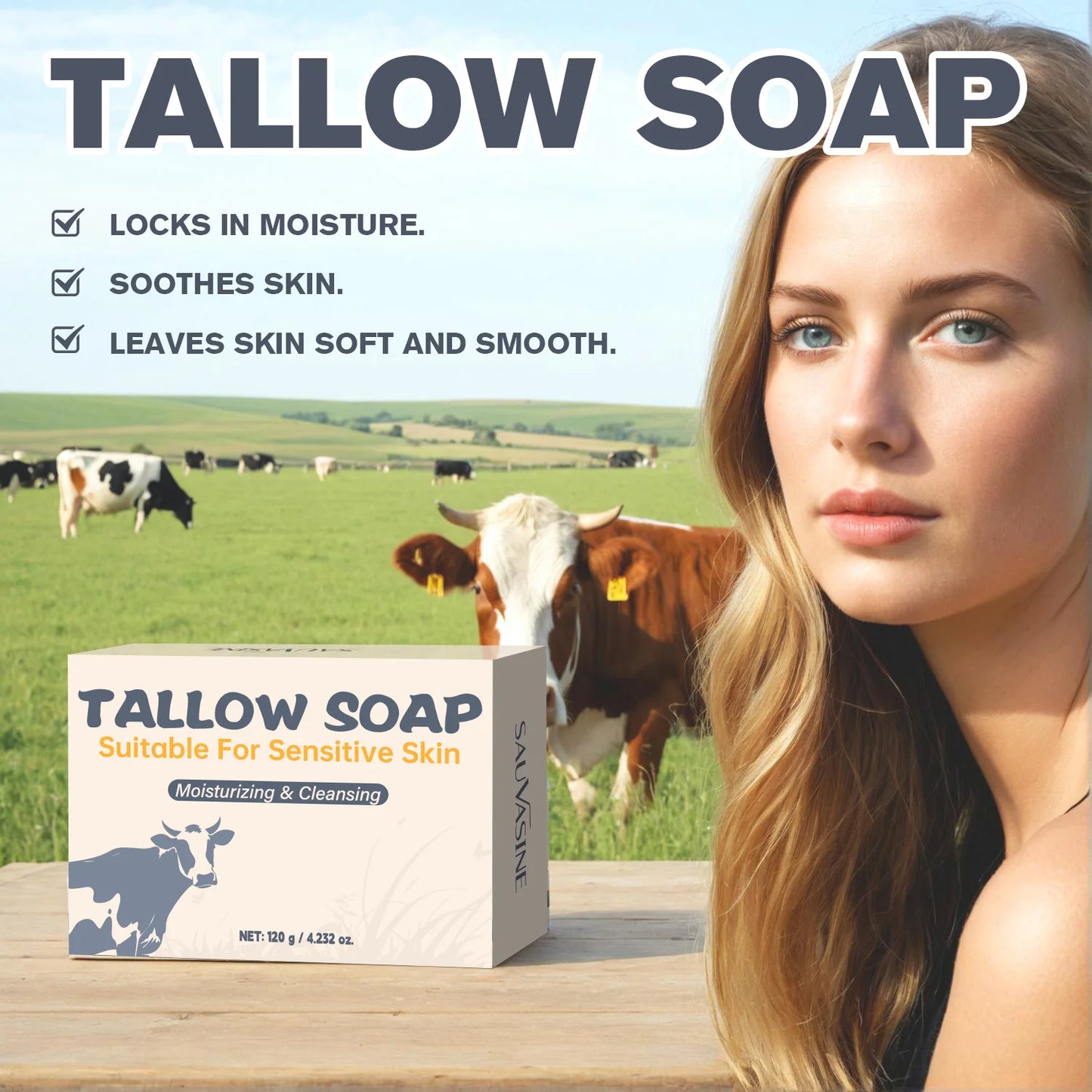120g Beef Tallow Soap Face & Body Moisturizing & Cleansing & Smoothing Natural Grass Fed Tallow Soap Bar for Sensitive Skin Peaceful Pleasures Health and Wellness