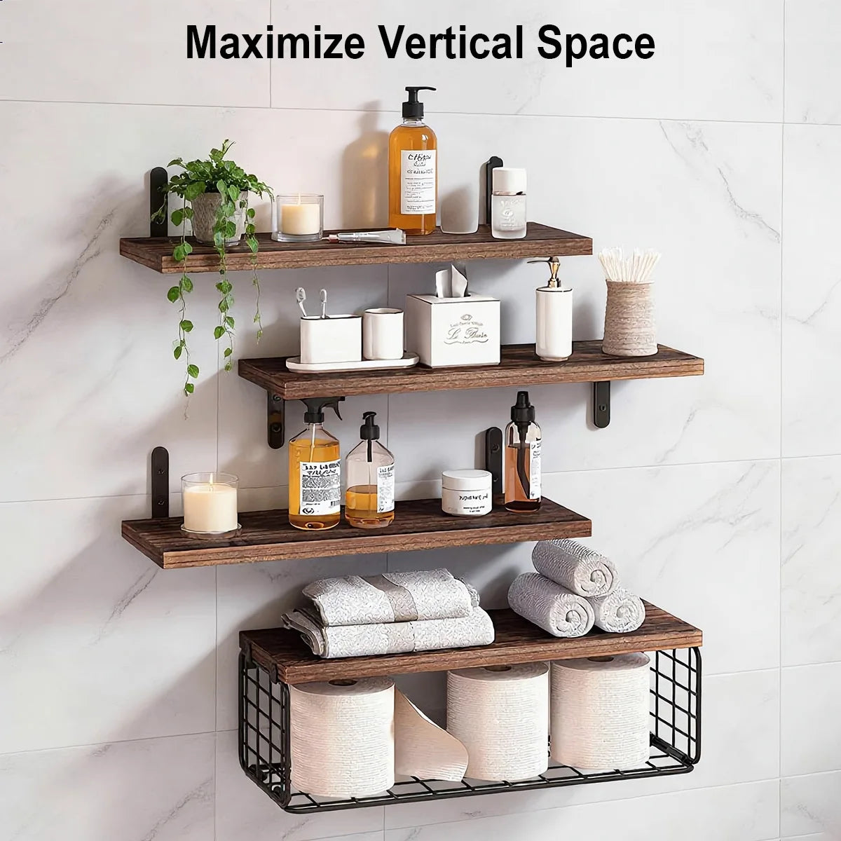 Bathroom Shelves Over Toilet with Storage Basket, Floating Wall Shelf for Home Organization & Wall Decor, Bathroom/Kitchen Peaceful Pleasures Health and Wellness