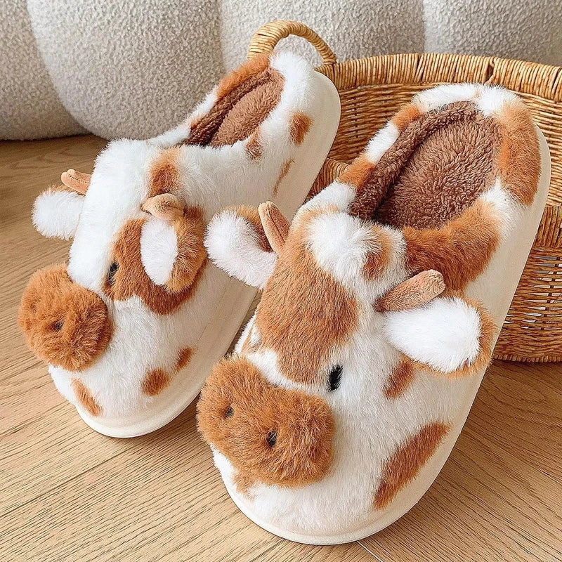 Women's Cow Plush Slippers – Closed Toe Non-Slip Fuzzy House Shoes