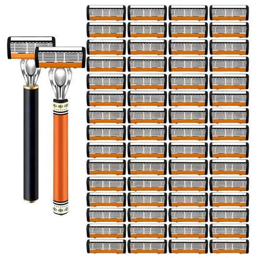 6-Layer Safety Razor – Manual Shaver for Men & Women Safety Razor Peaceful Pleasures Health and Wellness 2 handles 60 Blades