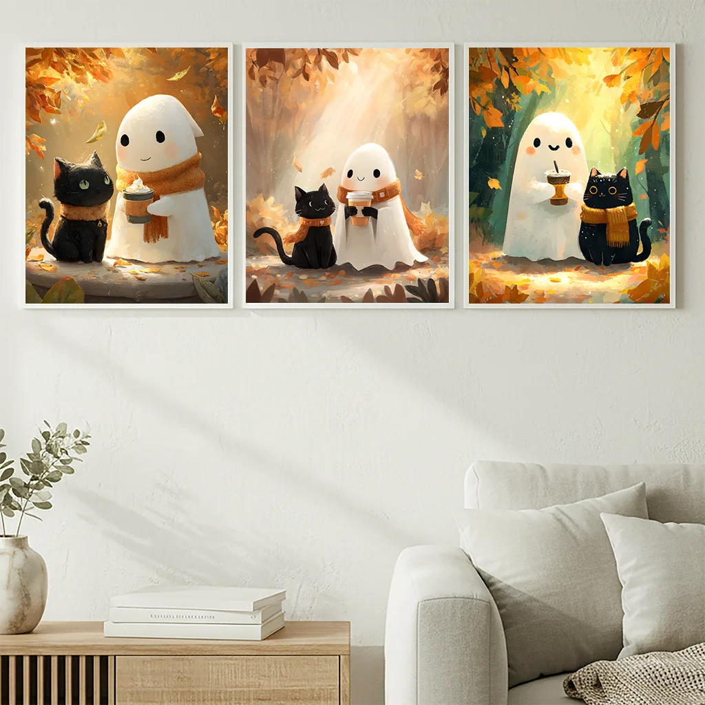 Animal Wall Art, Nordic Cute Ghost and Black Cat Canvas Painting, Halloween Poster Print for Bedroom Living Room Wall Decor Peaceful Pleasures Health and Wellness