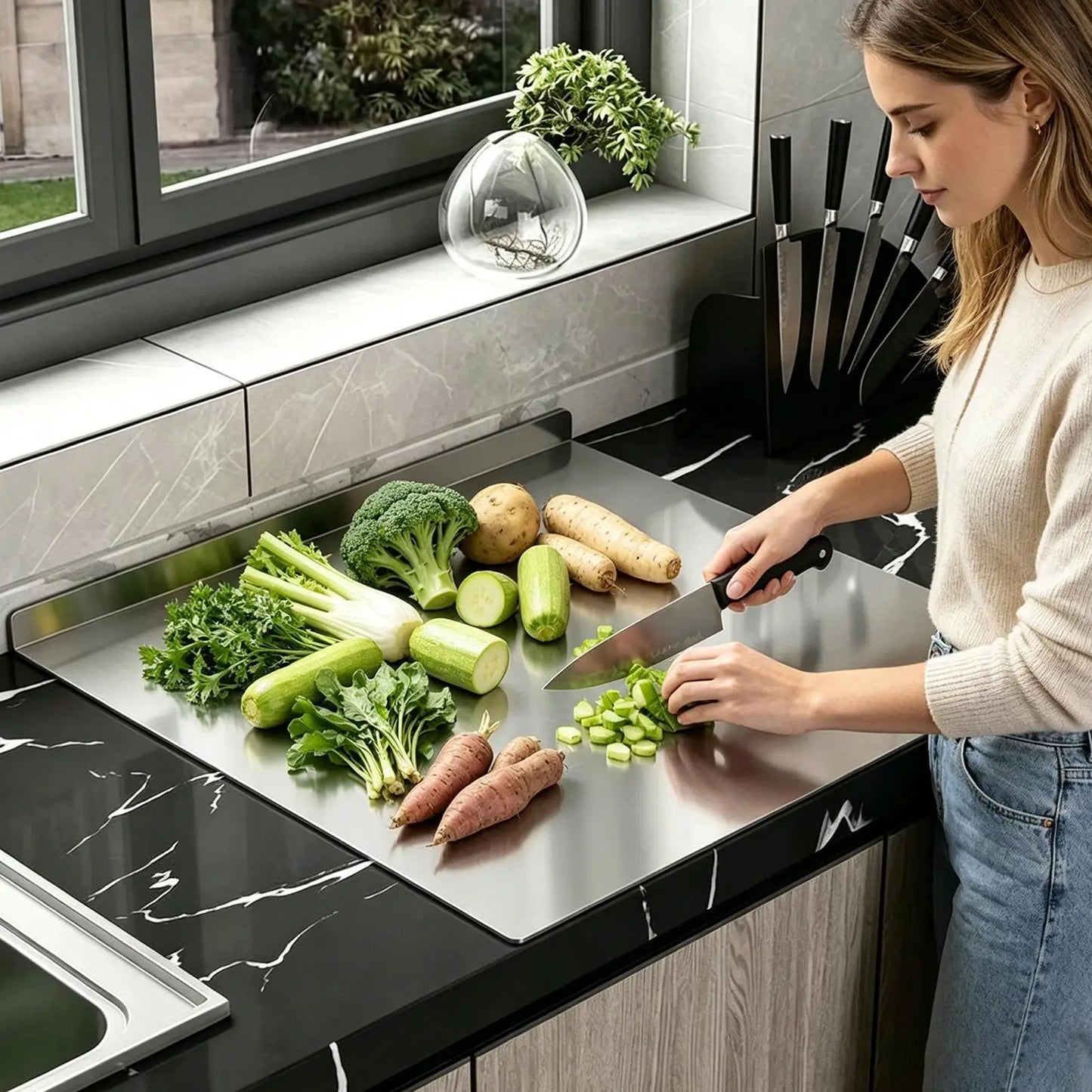 Stainless Steel Cutting Board with Lip Large Stainless Steel Non-Slip Chopping Tool Countertop Cutting Board for Raw Cooked Peaceful Pleasures Health and Wellness