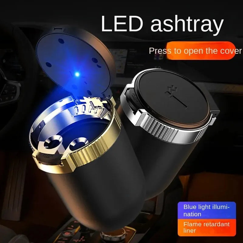 LED Car & Home Ashtray with Lid – Blue Glow, ABS & Metal