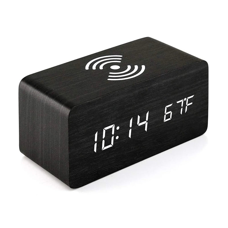 Wooden Digital Alarm Clock with Wireless Charging LED Clock with Time Date Temperature Desk Clocks for Office Bedside Clock Peaceful Pleasures Health and Wellness Black-Charging