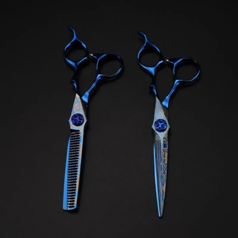 Professional 6 '' Upscale Scissor Blue Damascus Hair Scissors Cutting Barber Tools Haircut Thinning Shears Hairdresser Scissors Peaceful Pleasures Health and Wellness
