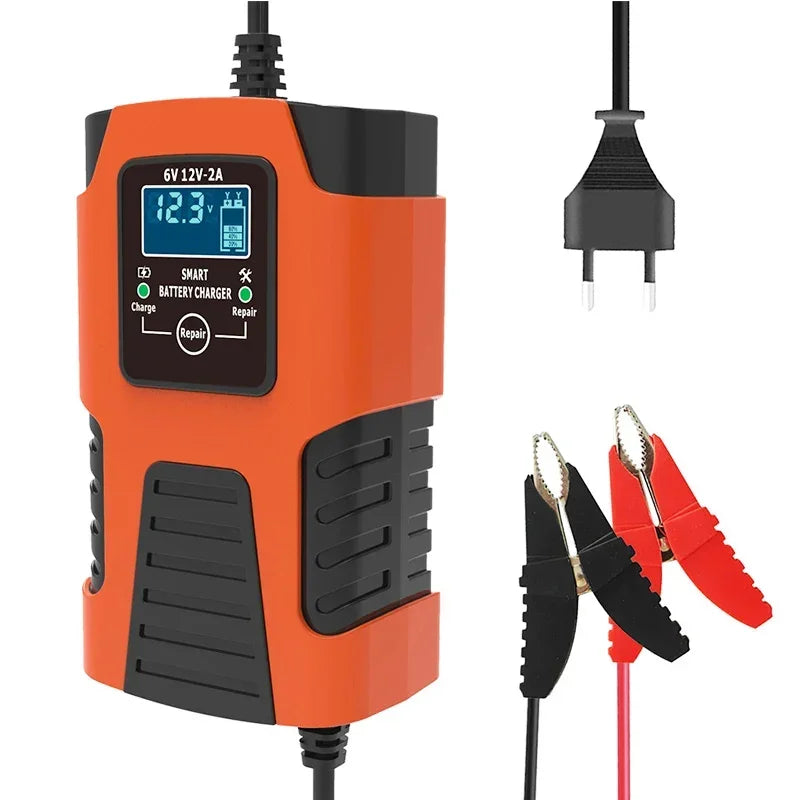 New Automatic 2A 6V 12V Car Battery Charger Lead-Acid GEL AGM Wet Calcium Deep Cycle VRLA Pulse Repair with LCD Display Peaceful Pleasures Health and Wellness Red EU Plug