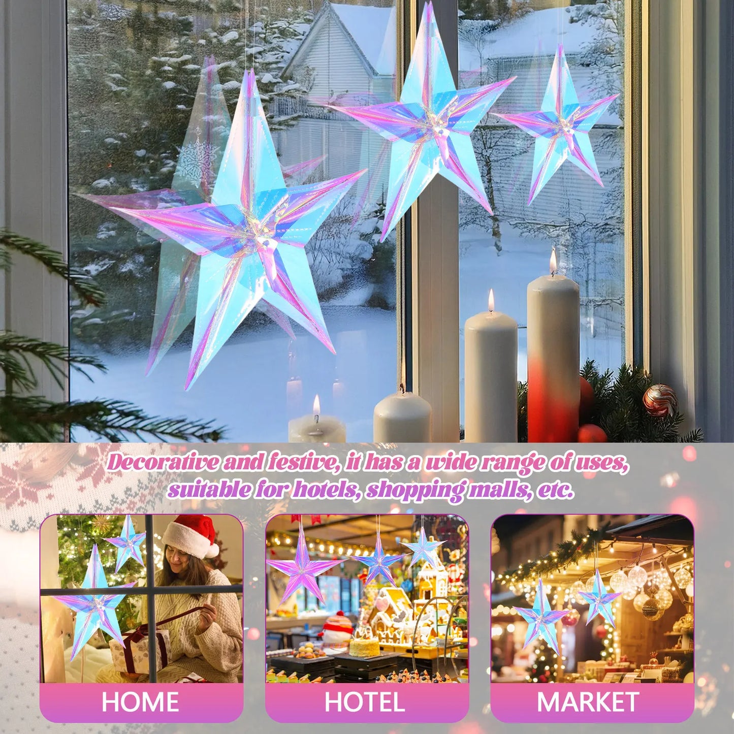 3Pcs Iridescent Neon Film Star Pendant Party Hanging Ornament for Christmas Wedding Birthday Home Store Hotel Decor 12 16 24 Peaceful Pleasures Health and Wellness
