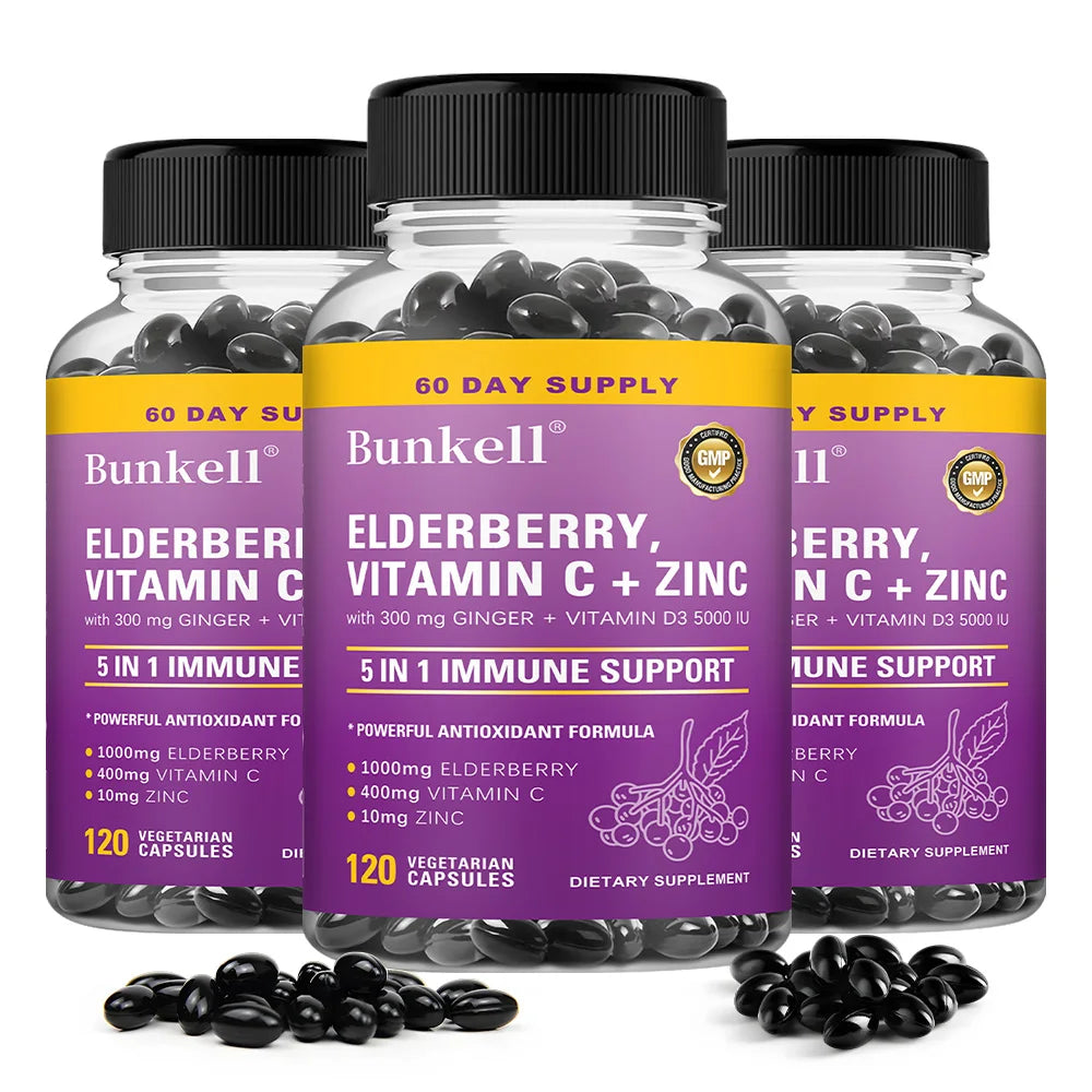 Elderberry Immune Support Capsules 1000MG with Vitamin C Zinc & Ginger - Antioxidant, Healthy Skin, Energy Boost for Men & Women Peaceful Pleasures Health and Wellness 120 count-3 bottle