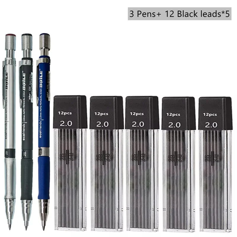 Mechanical Pencil Set 2.0 mm with 2B Black/Colors Lead Refill For Writing Sketching Art Drawing Painting School Automatic Pencil Peaceful Pleasures Health and Wellness Black Pencil set E