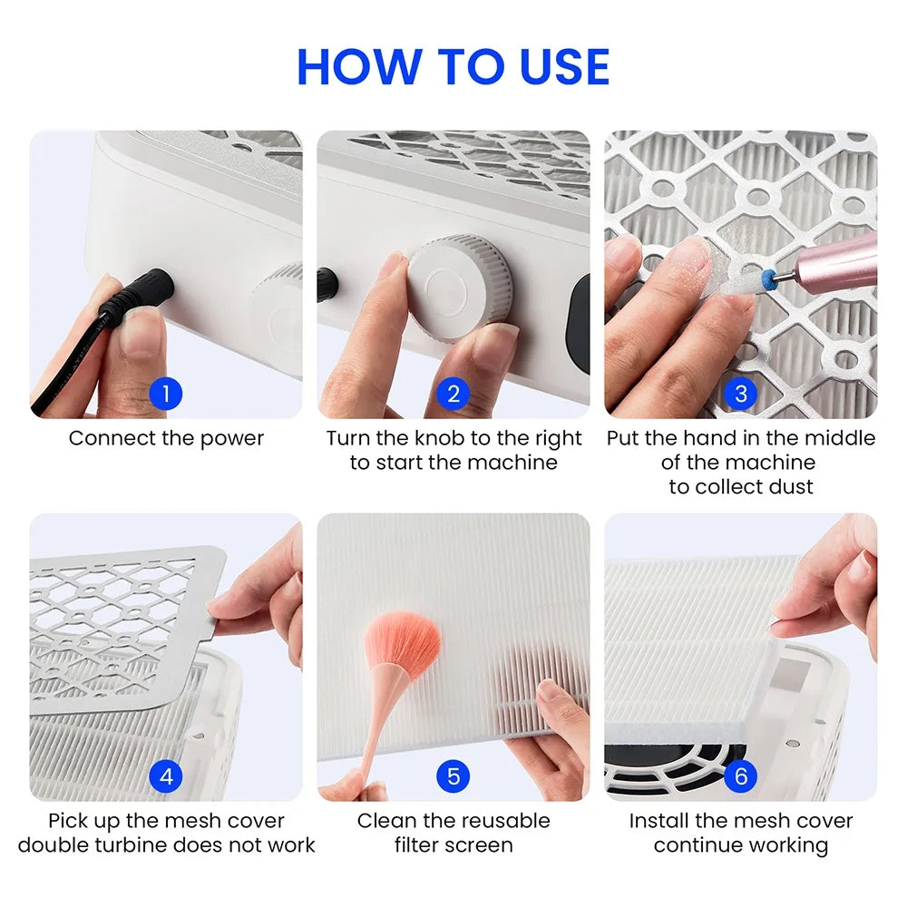2500/2800/3000/3300/3500rpm Speed Adjustable Brushless Nail Dust Extractor Powerful Twin Turbo Vacuum Nail Dust Collector Peaceful Pleasures Health and Wellness