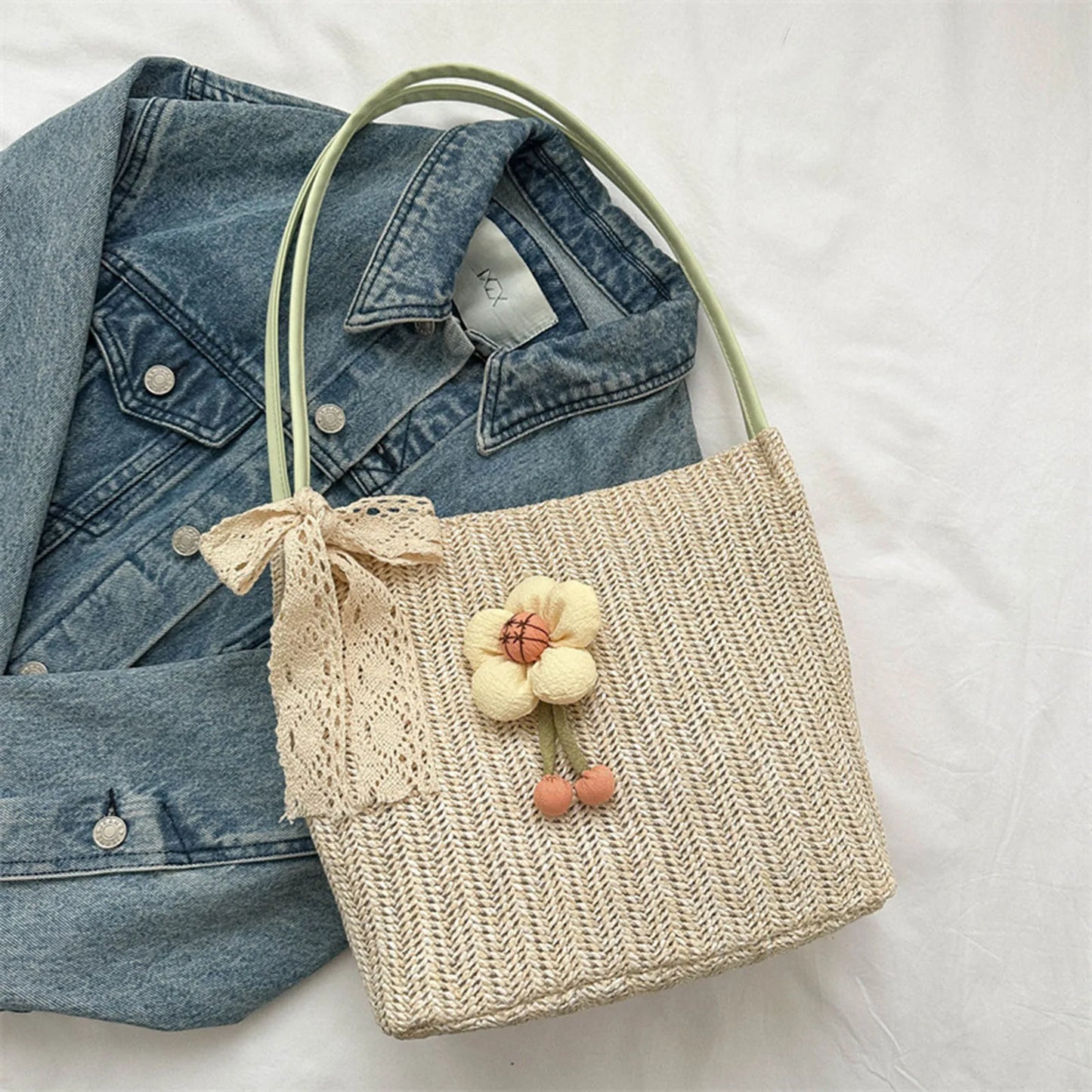 Women Casual Summer Handbag Aesthetic Design Large Capacity Woven Shoulder Bags Ideal Gift for Yourself Female Friends Peaceful Pleasures Health and Wellness D