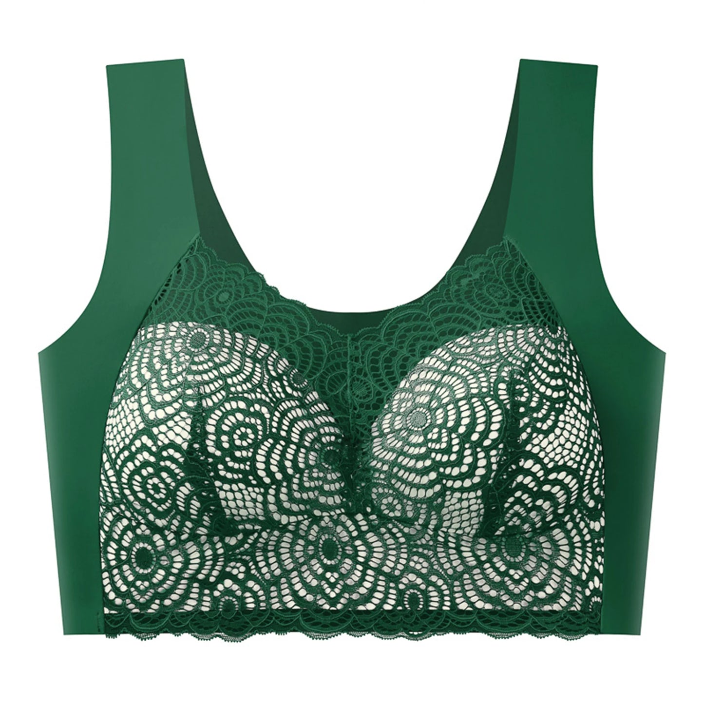Sexy Bra Thin Lace Wireless Bra No Underwire Anti Shake Side Breast Reduction Seamless Underwear for Women Chinese Brand Peaceful Pleasures Health and Wellness Dark Green 44