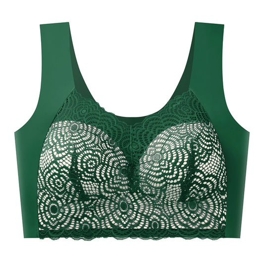 Sexy Bra Thin Lace Wireless Bra No Underwire Anti Shake Side Breast Reduction Seamless Underwear for Women Chinese Brand Peaceful Pleasures Health and Wellness Dark Green 44