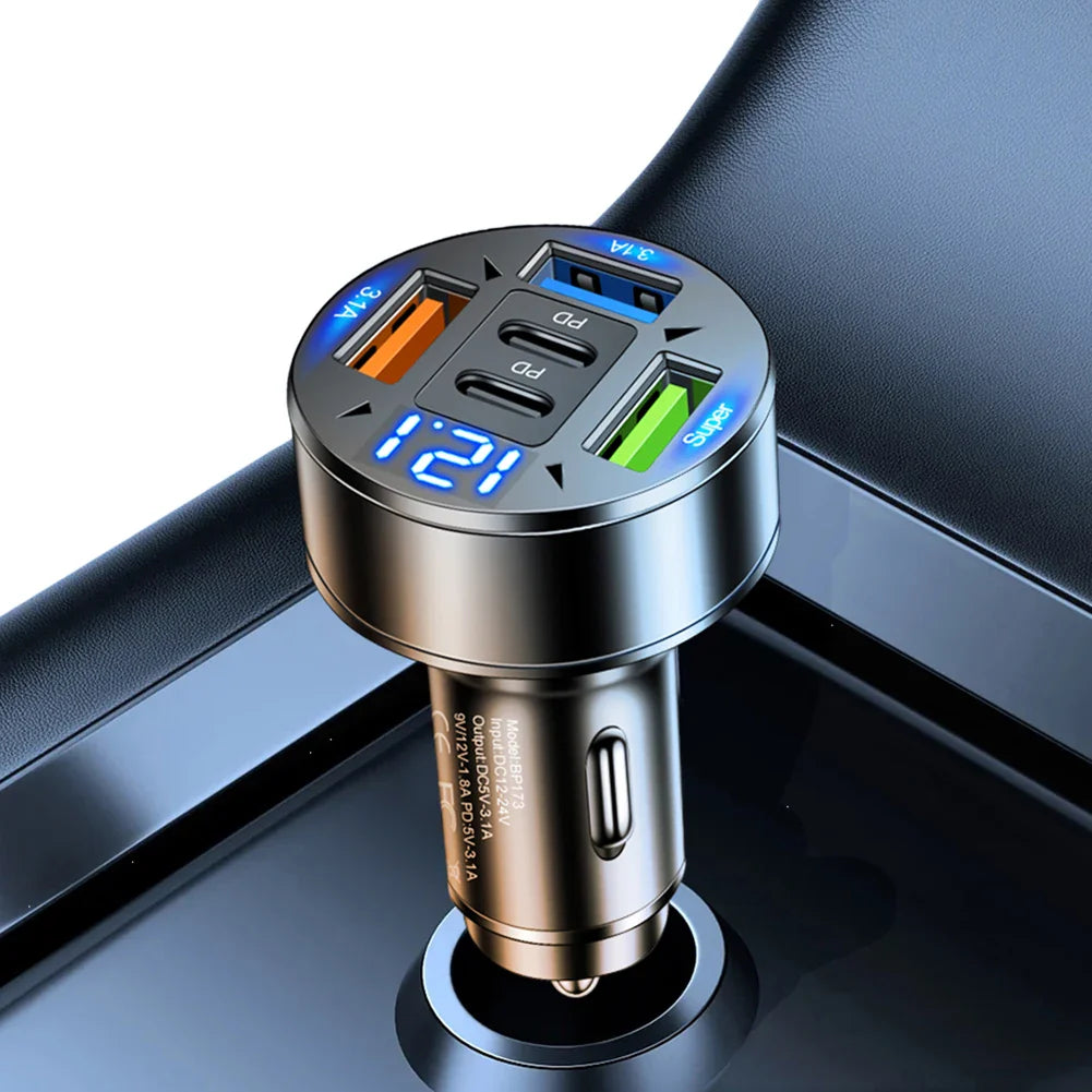 100W 5-Port Car Charger PD QC3.0 USB-C Fast Charging