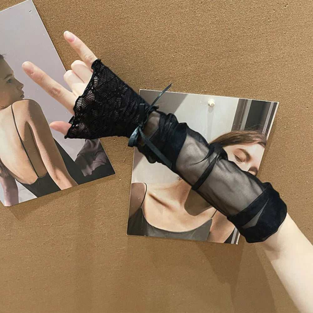 Kawaii Lace Ruffle Arm Sleeves – Fishnet Fingerless Gloves