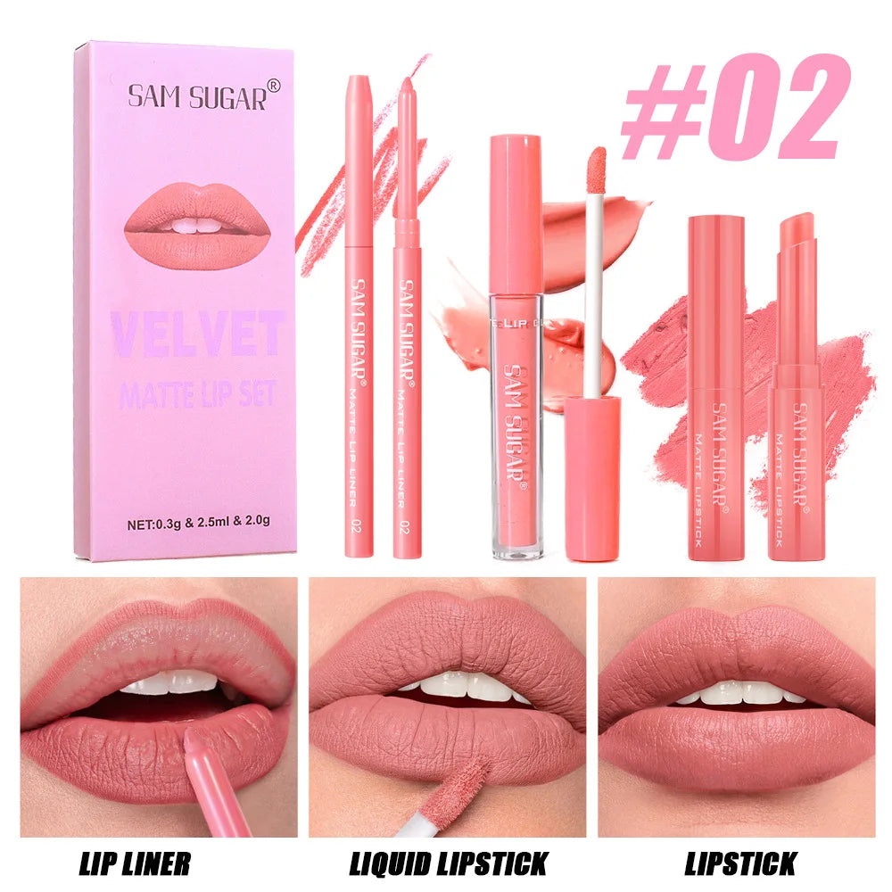 SAM SUGAR 3-in-1 Matte Lip Kit – Liner, Lipstick & Gloss Set