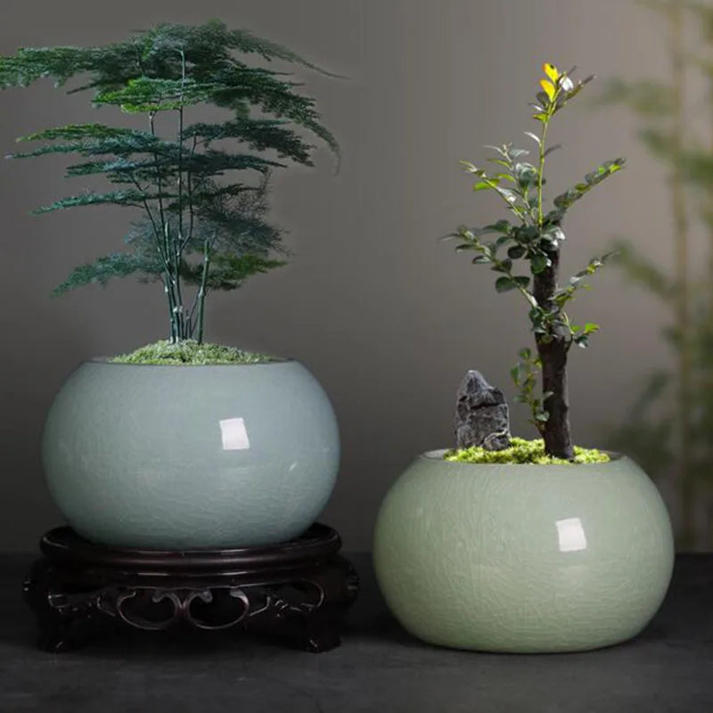 Chinese Ceramic Bonsai Vase | Glazed Porcelain Flower Pot 10×6cm
