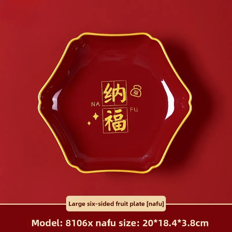 Hexagonal Fruit Plate Nafu Zhaocai Series Melamine Material New Year's Wedding Home High End Gold Edged Dried Fruit Snack Plate Peaceful Pleasures Health and Wellness Enjoy blessings