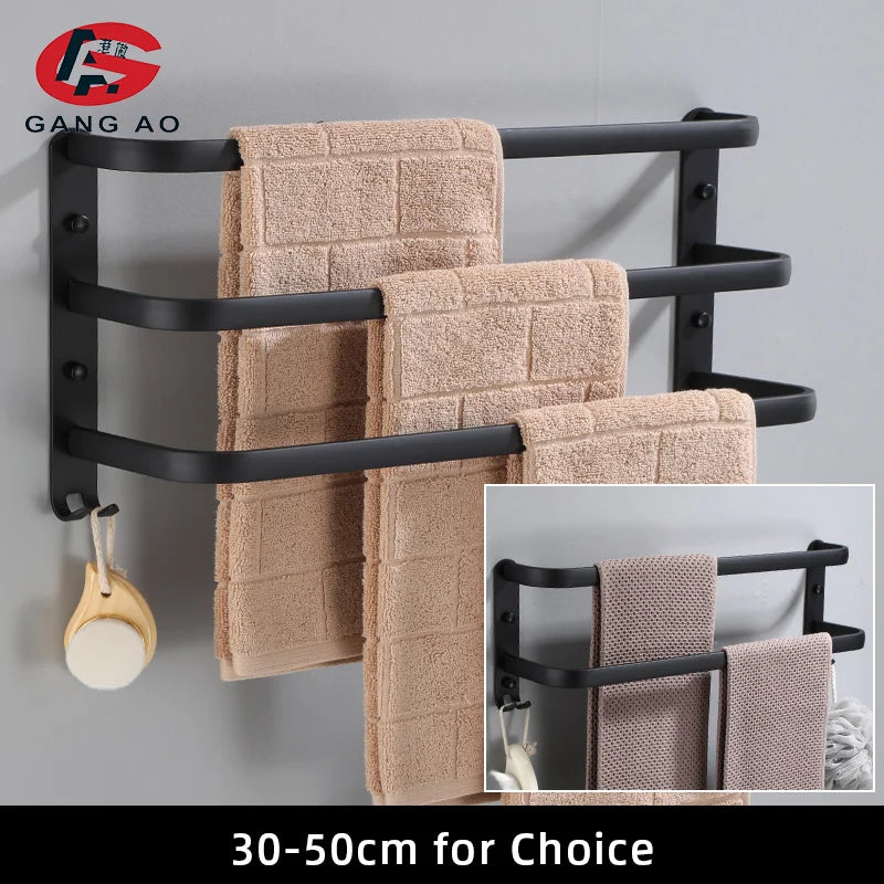 Matte Black Double Towel Bar Wall Mounted Aluminum Rack 30–50cm