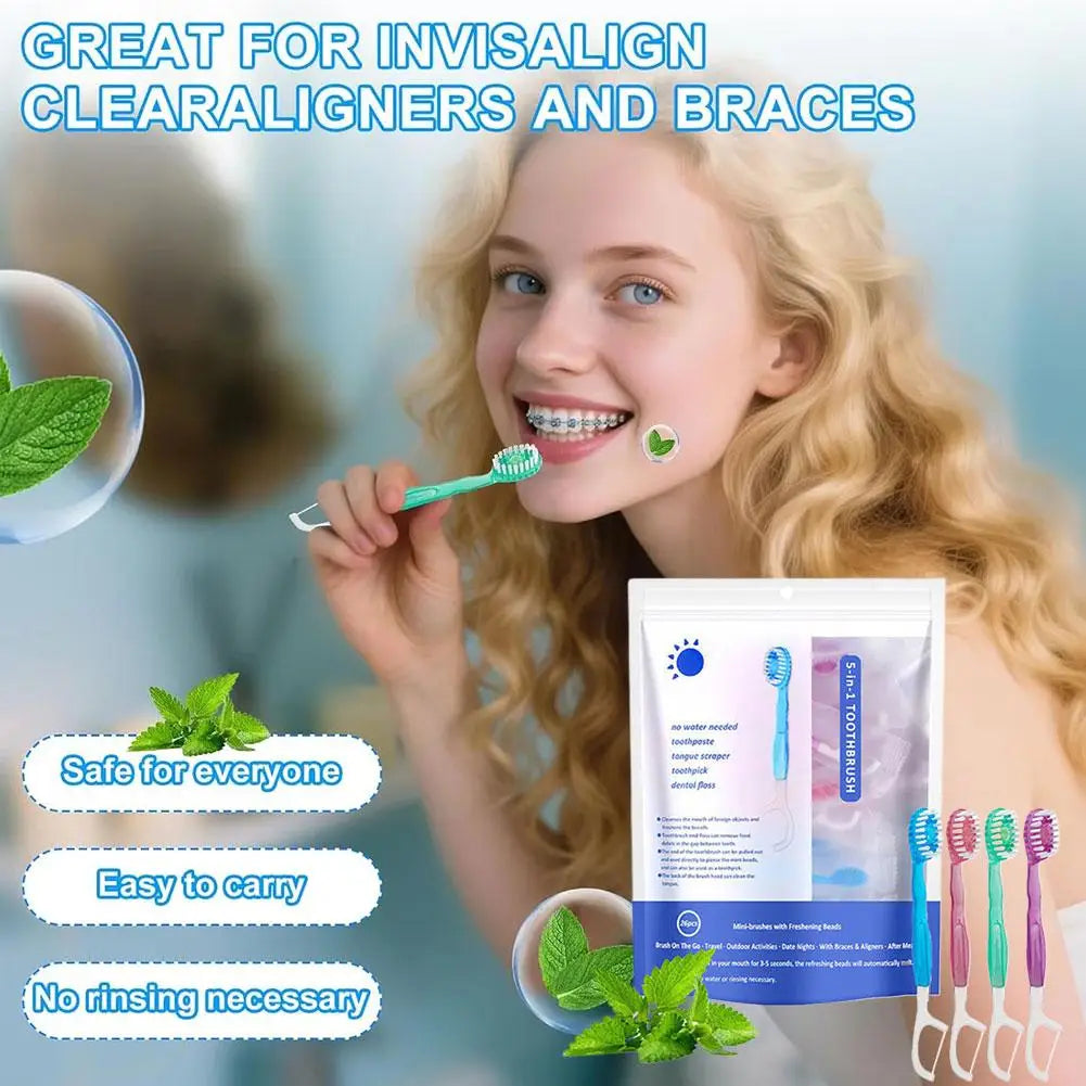 5 in 1 Bursting Bead Toothbrush Disposable Toothbrush with Toothpaste Tongue Scraper Flosses Kit refreshing Mint Bead Travel Peaceful Pleasures Health and Wellness