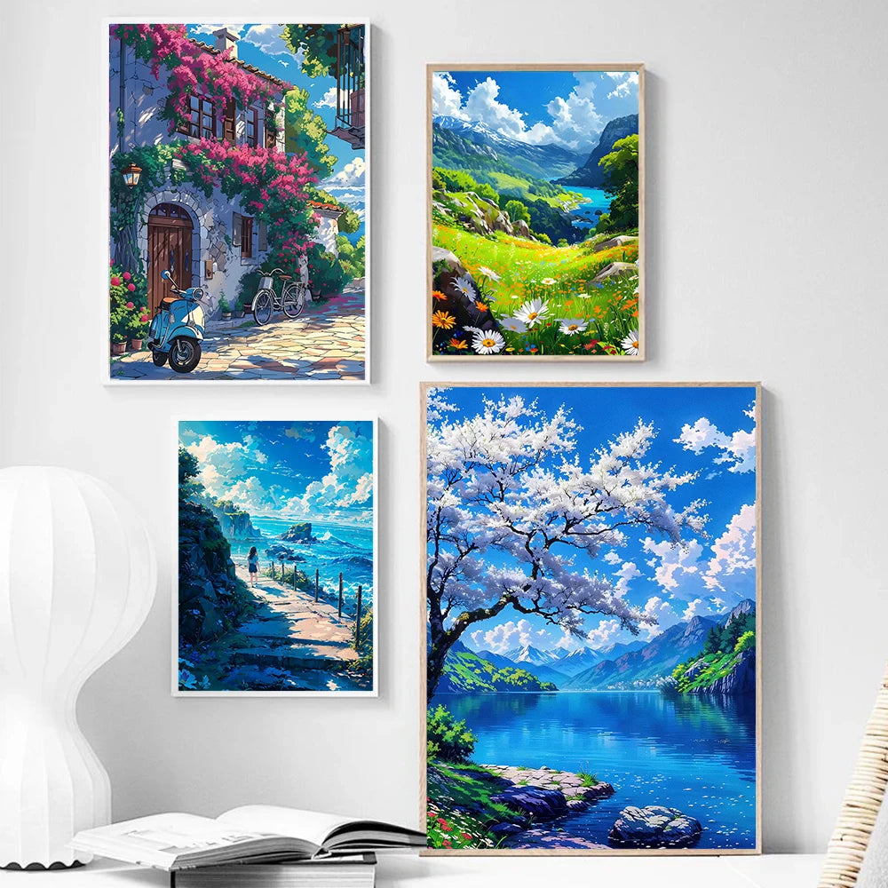 Seaside Town Landscape Canvas Wall Art | Coastal Poster Print