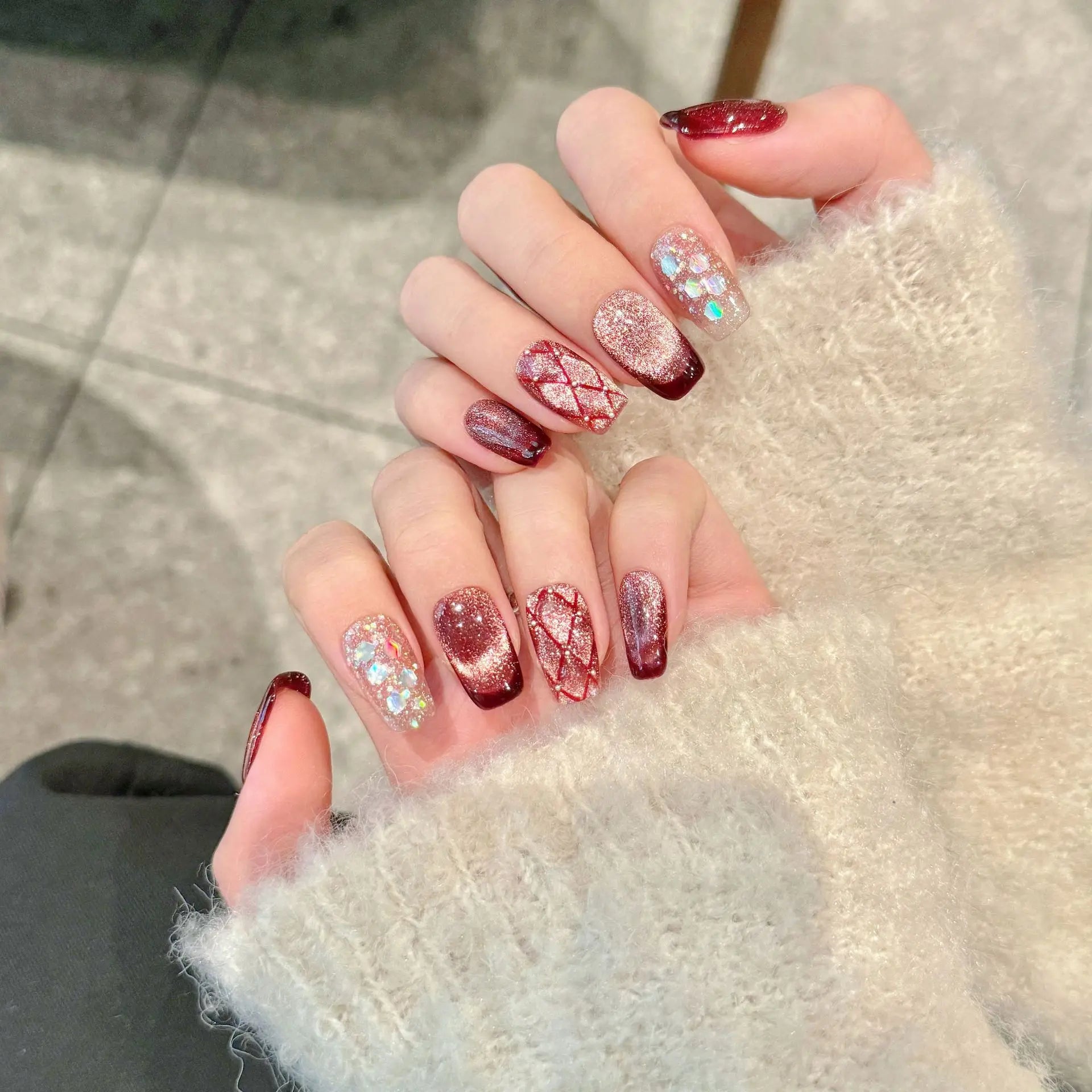 Handmade Press on Nails Glitter Raspberry Wine Red French Cat Eye Fake Nails Wearable Full Cover Sweet Korean Short False Nails Peaceful Pleasures Health and Wellness S