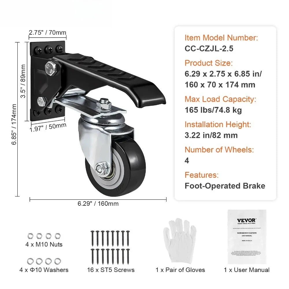 165 lbs Retractable Workbench Caster Wheel | 2.5" 360° Swivel