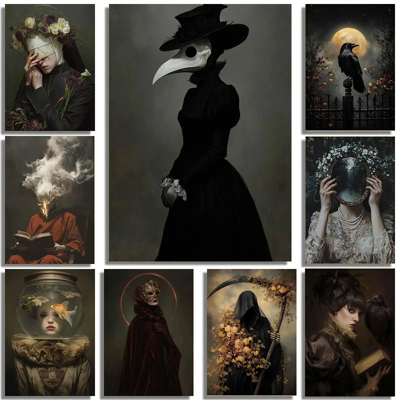 Dark Victorian Reaper Crow Ghost Canvas Wall Art Print | Gothic
