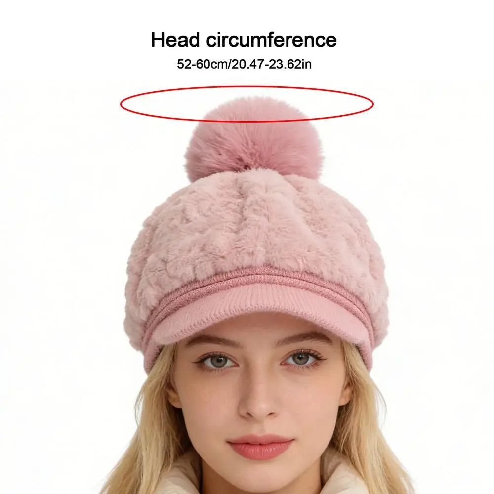 Women's Pom-Pom Fleece Beanie Hat with Brim | Winter Warm