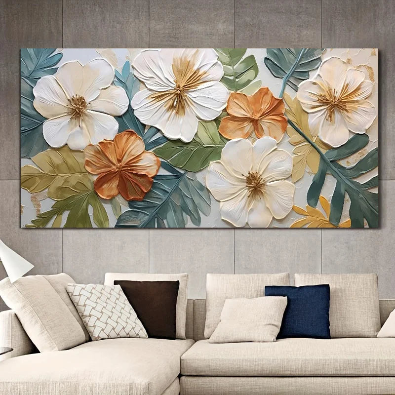 Large Modern Abstract Floral Canvas Wall Art - Frameless Flower Print White, Orange Green for Living Room, Aesthetic Room Decor Peaceful Pleasures Health and Wellness ZLH4919 30x60cm No Frame