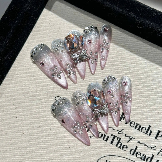 Handmade Press on Nails Shiny Pink Cat Eye Fake Nails for Women Girl Wearable Glitter Full Crystal Design False Nail Tips Peaceful Pleasures Health and Wellness M 6