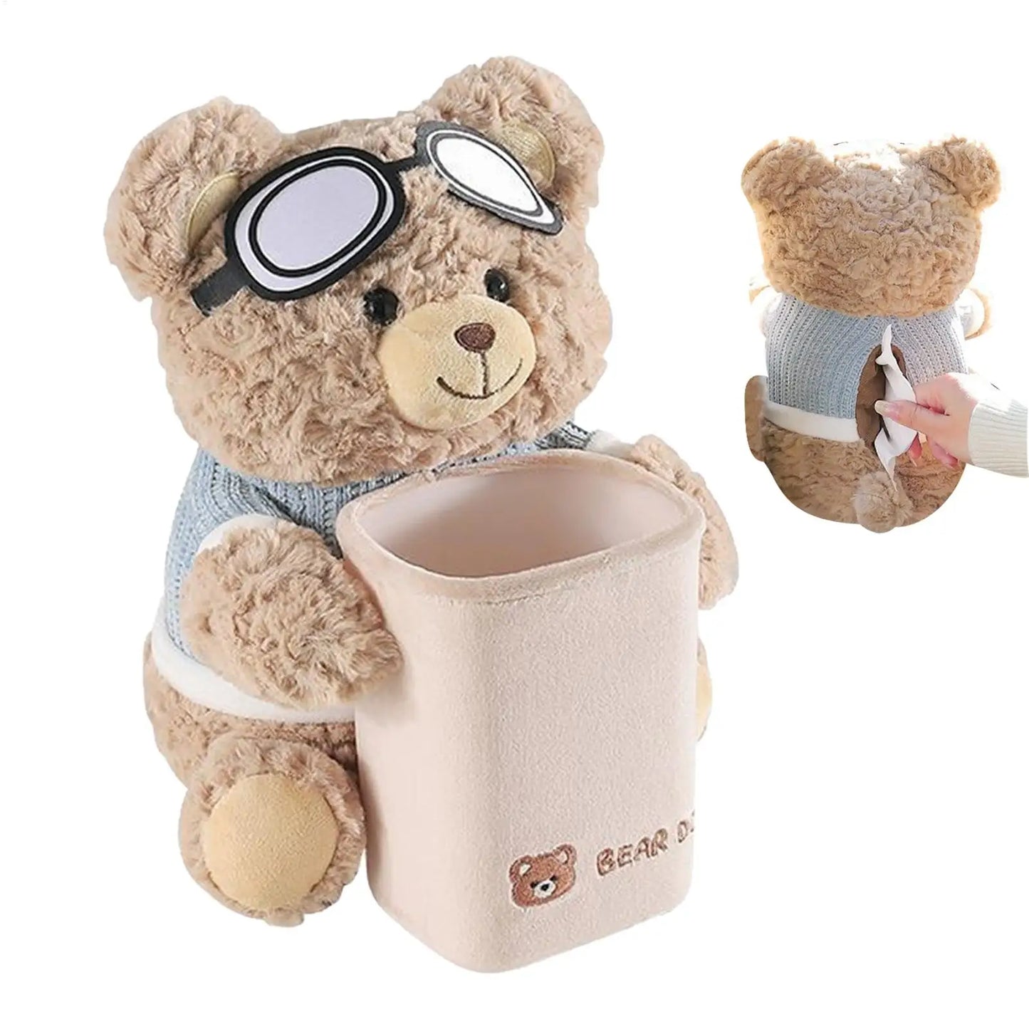 2-in-1 Plush Bear Car Tissue Holder & Armrest Trash Can