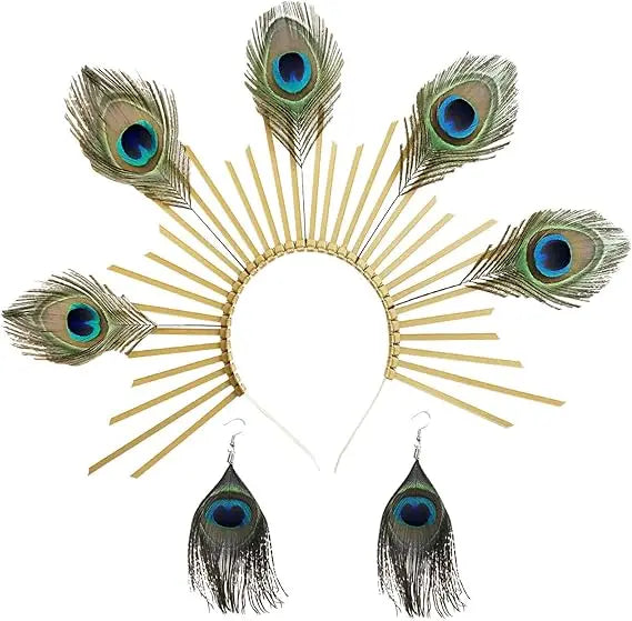 Peacock Feather Gold Halo Crown Sun Headband Hallowee Cosplay Festival Bridal Wedding Maternity Photoshoot Goddess Headpiece Peaceful Pleasures Health and Wellness style 4