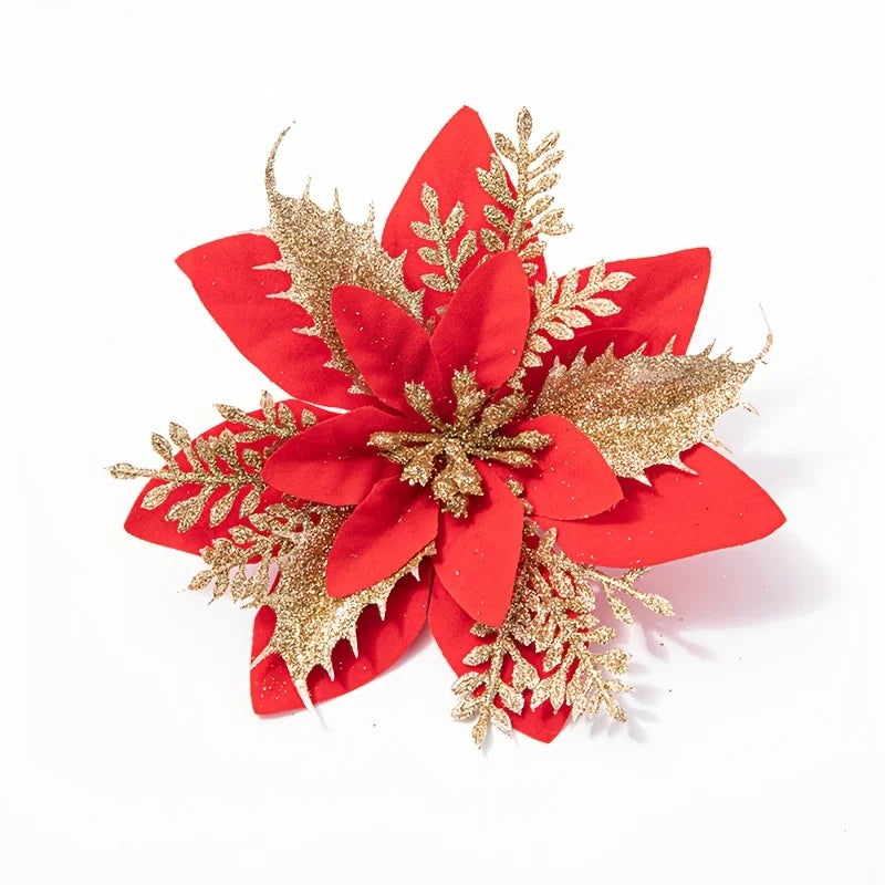 10pcs Christmas Gold Powder Christmas Flower Simulation Flower Christmas Decoration Flower Christmas Tree Decoration Peaceful Pleasures Health and Wellness Red gold (10pcs)