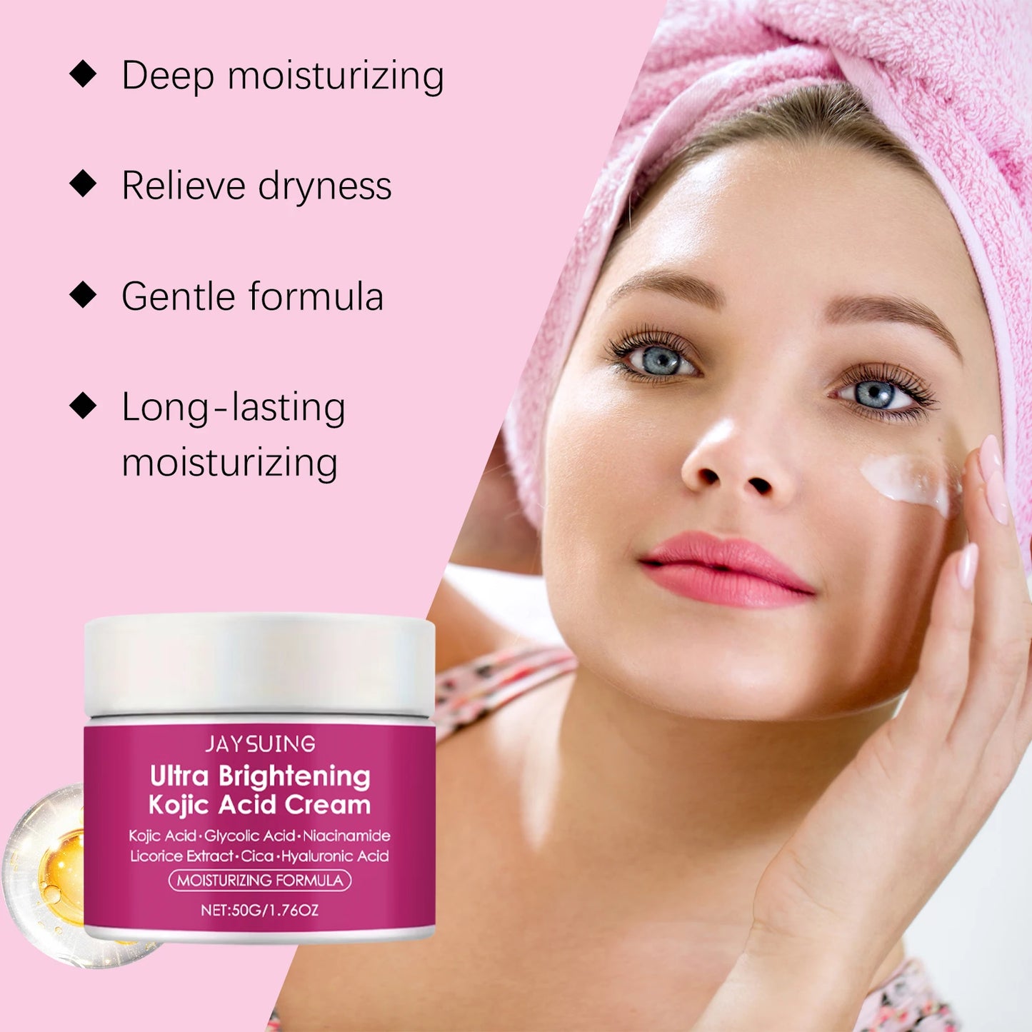 Kojic Acid Facial Cream Lighten Skin Tone Moisturizing Hydrating Smoothing Firm Face Reduce Dryness Discomfort Niacinamide Cream Peaceful Pleasures Health and Wellness