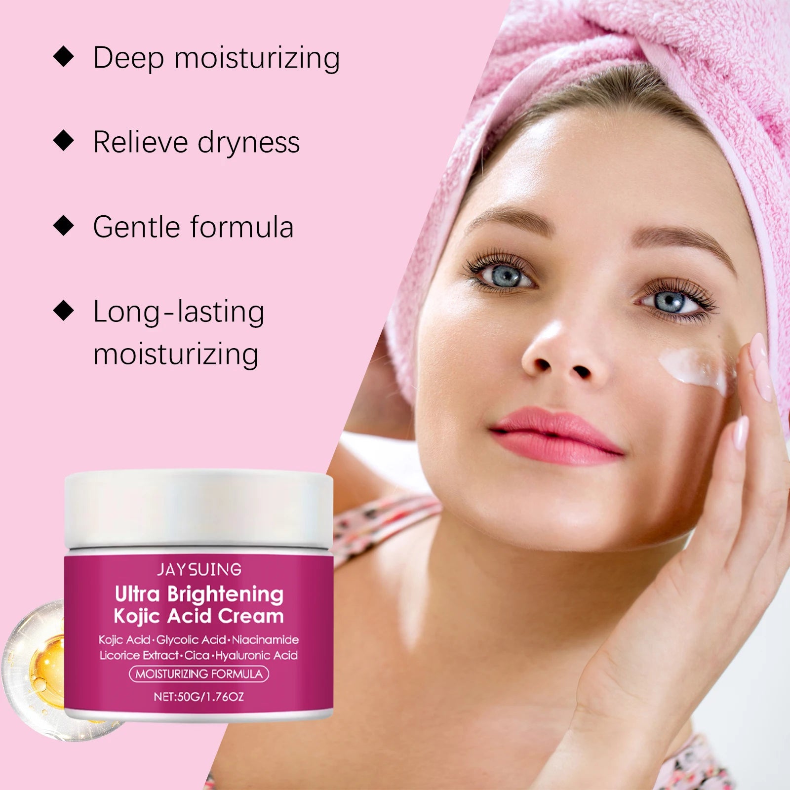 Kojic Acid Facial Cream Lighten Skin Tone Moisturizing Hydrating Smoothing Firm Face Reduce Dryness Discomfort Niacinamide Cream Peaceful Pleasures Health and Wellness