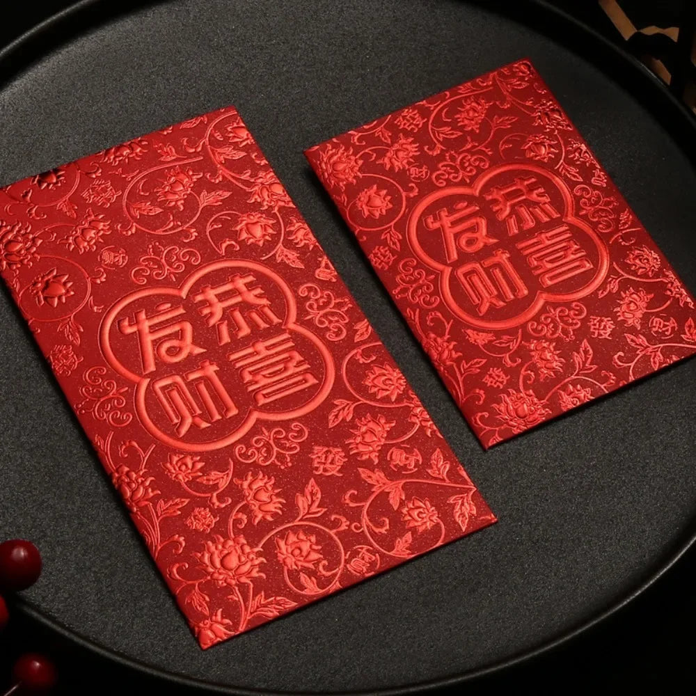 6pcs 3D Chinese New Year Red Envelope Hot Stamping Solid Red Packet Blessings Printing Thickened Lucky Money Bag Wedding Peaceful Pleasures Health and Wellness S-Style C