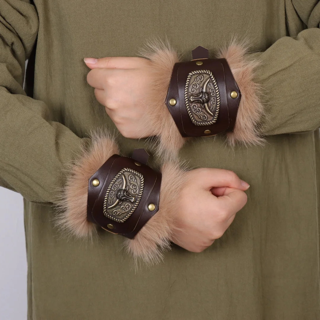 Medieval Knight Bracers Faux Leather Wristwear Furry Trim Retro