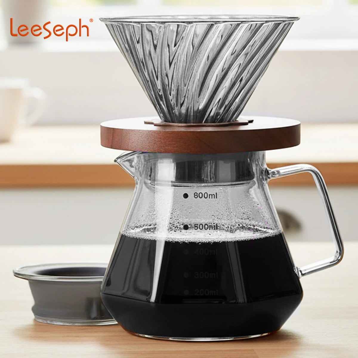 Leeseph Pour Over Coffee Maker with Walnut Handle & Glass Lid, 13.5/20 OZ Glass Coffee Pot for Home Café Restaurant Camping Peaceful Pleasures Health and Wellness