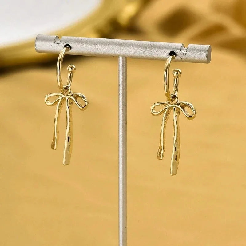 Gold Bowknot Tassel Stud Earrings – Retro Fashion Jewelry Women