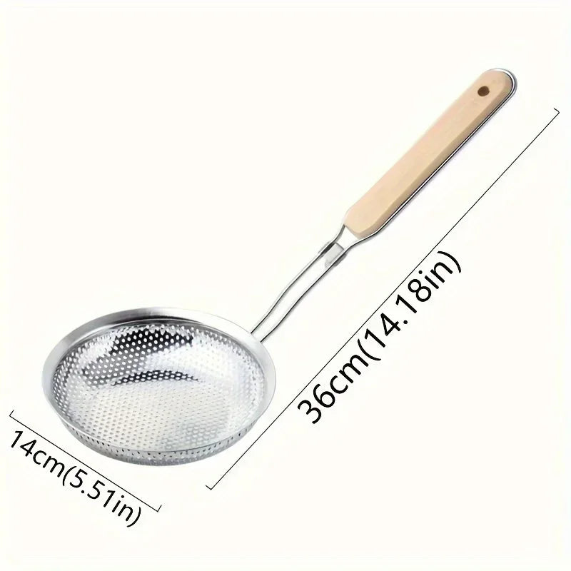 New Stainless Steel Colander with Wooden Handle Fine Mesh Skimmer Spoon for Cooking Food Prep Grease Filtering for Pasta Noodles Peaceful Pleasures Health and Wellness