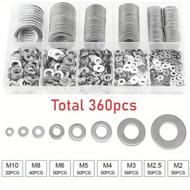 304 Stainless Steel Flat Washers Set 180/360pc – Multi-Size Peaceful Pleasures Health and Wellness 360pcs