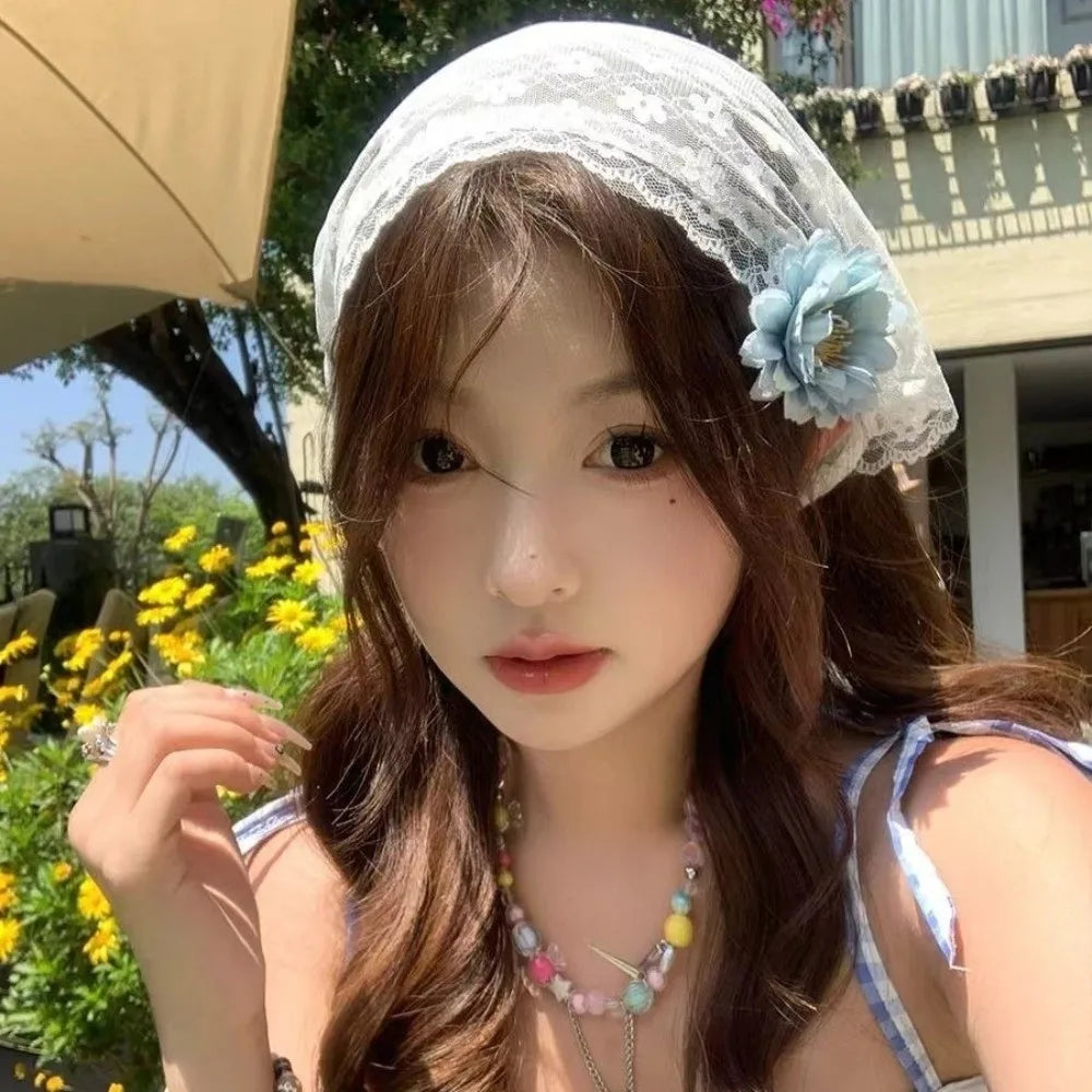 Vintage Lace Flower Hair Scarf – Boho Bandana for Women
