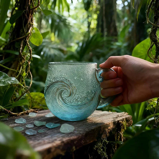 Sea Glass Wave Mug 12 oz – Handblown Ocean Wave Glass Cup Handblown Glass Mug Peaceful Pleasures Health and Wellness