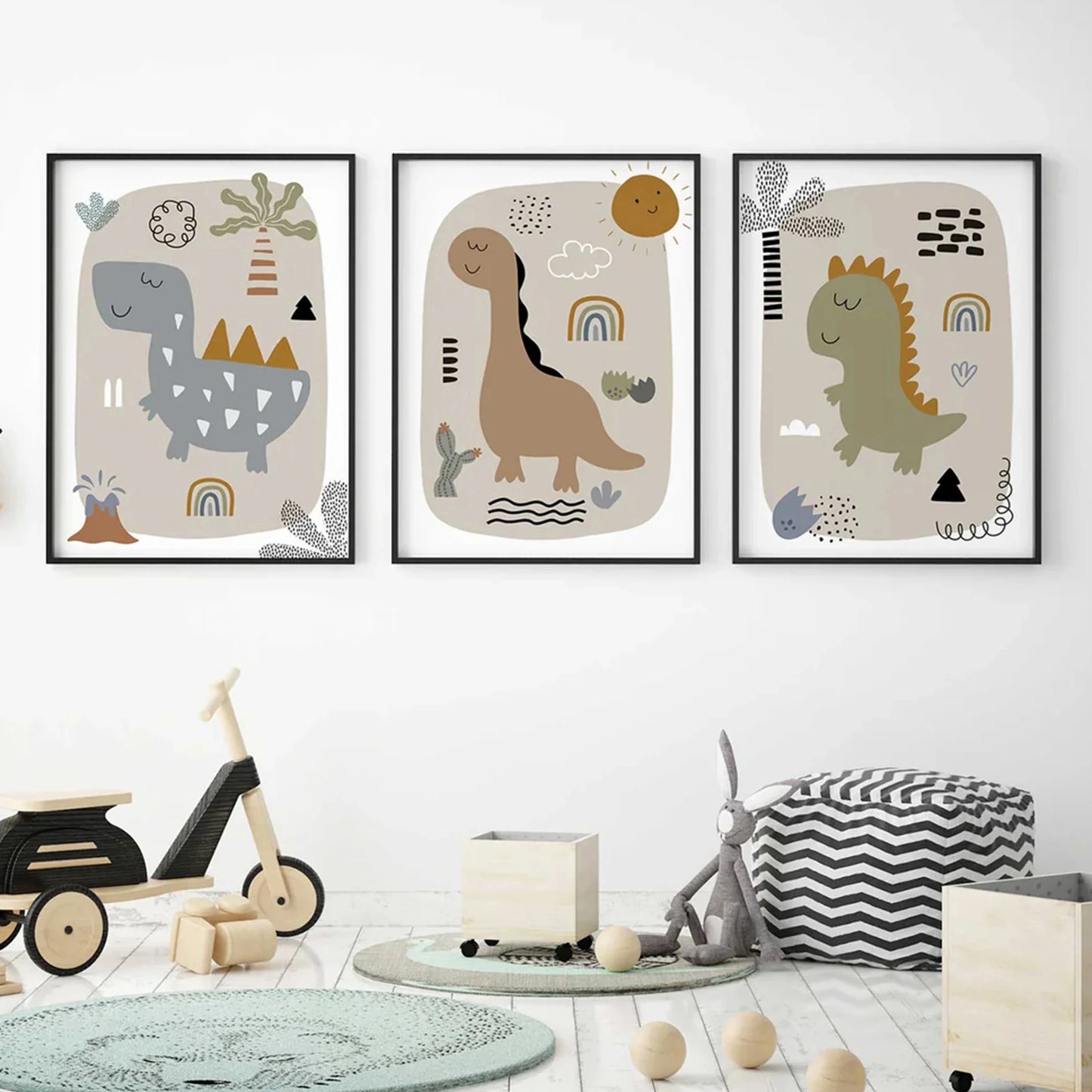 3-Piece Cartoon Dinosaur Canvas Wall Art | Kids Room Decor