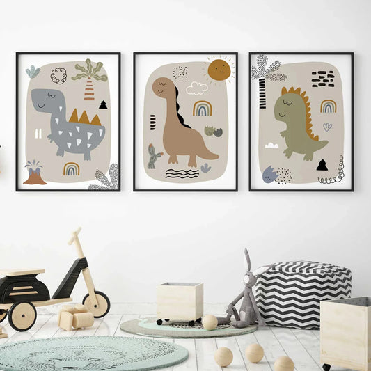 3-Piece Cartoon Dinosaur Canvas Wall Art | Kids Room Decor Canvas Wall Art Set Peaceful Pleasures Health and Wellness G4417-3pcs 30x40cm Metal Framed
